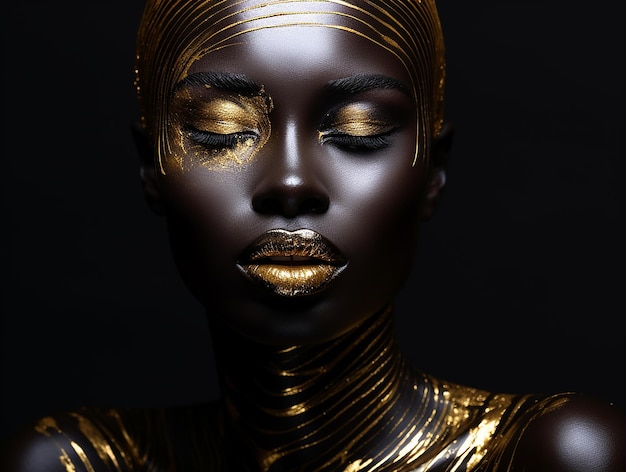 Make-up dorato e vernice corporea artistica Donna alla moda con corpo metallico Arte della pelle nera Pelle dorata luccicante Arte della moda digitale ai