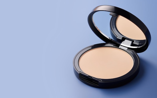 Make-up in polvere con specchio in una scatola rotonda concetto di bellezza cosmetici anti invecchiamento trucco pelle moda
