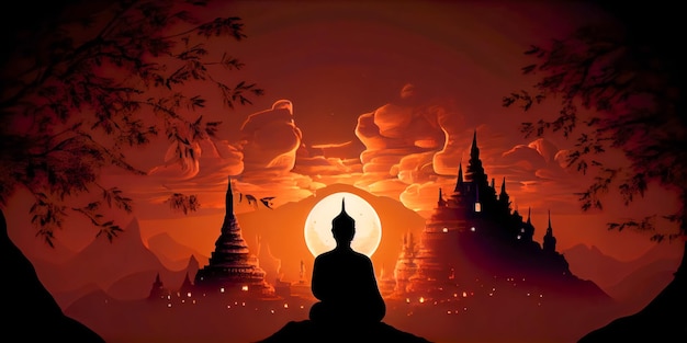 Makha bucha monaco diurno che medita al tramonto Ia generativo