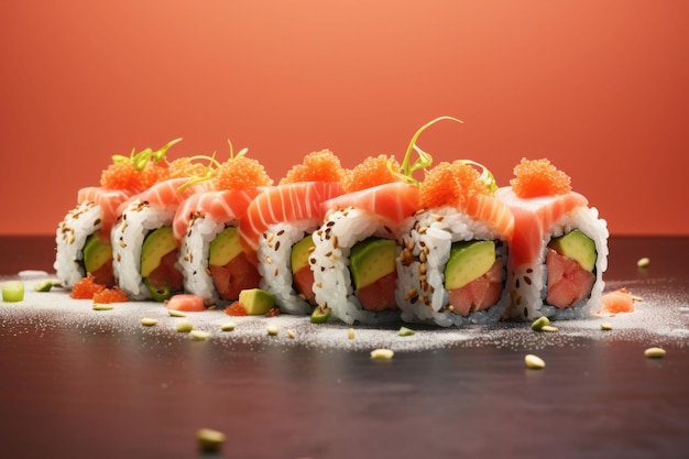 Maki rotola in fila Primo piano di deliziosi piatti giapponesi con sushi roll Illustrazione di intelligenza artificiale generativa