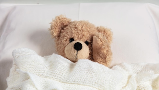 Mal di testa insonnia Simpatico orsacchiotto a letto coperto da una coperta calda che gli tiene la testa