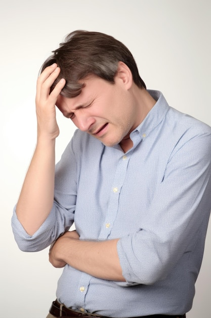Mal di testa, stress o uomo con mal di stomaco contro uno sfondo bianco dello studio