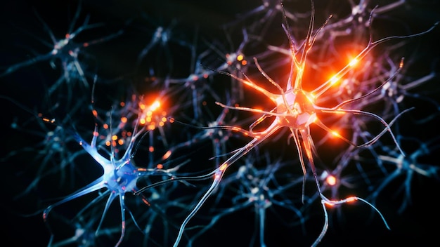 Malattia del sistema di cellule neuronali immagine di rendering 3D della rete di cellule neuronali su sfondo nero Intercon