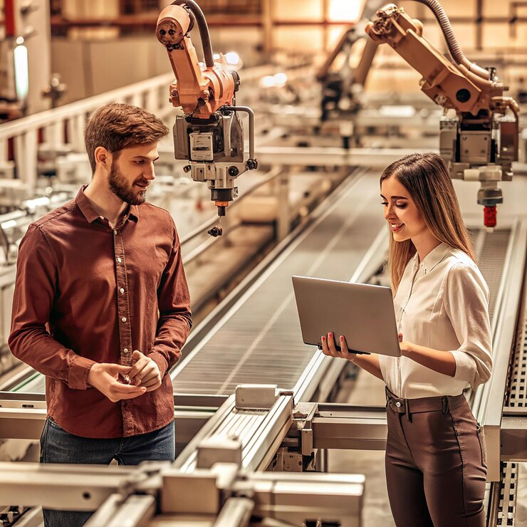 Male and Female Standing at Electronics Factory Using Computer and Having a Conversation