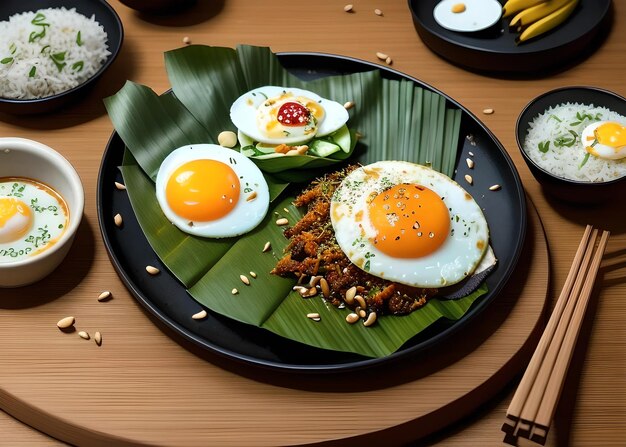 malese nasi lemak con acciughe croccanti arachidi uovo fritto fette di cetriolo