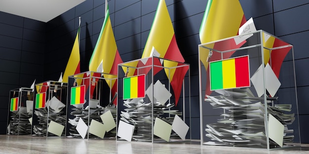 Mali diverse urne e bandiere che votano il concetto elettorale 3D'illustrazione