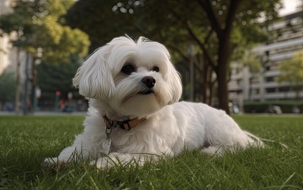 Maltese è seduto sull'erba nel parco professionale pubblicità post foto ai generato