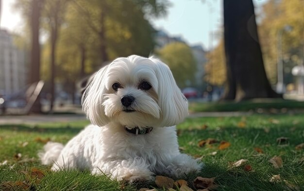 Maltese è seduto sull'erba nel parco professionale pubblicità post foto ai generato