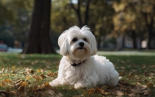 Maltese è seduto sull'erba nel parco professionale pubblicità post foto ai generato