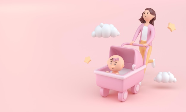 Mamma che cammina il suo bambino in un'illustrazione 3D del passeggino