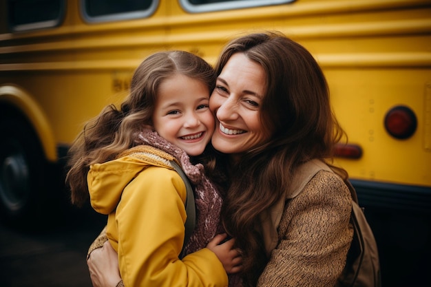 Mamma che raccoglie i bambini da scuola davanti a un autobus scolastico giallo