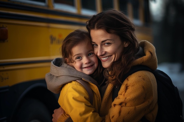 Mamma che raccoglie i bambini da scuola davanti a un autobus scolastico giallo