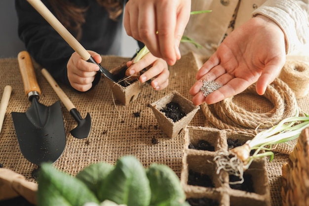 Mamma e bambino stanno seminando semi primaverili e concetto di giardinaggio