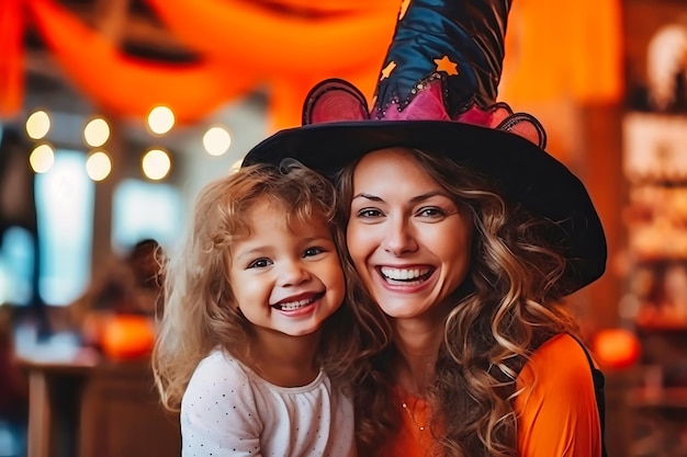 Mamma e figlia amorose che si preparano per la festa di Halloween Madre figlia Halloween