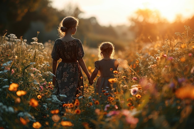 Mamma e figlia camminano insieme in un bellissimo campo di fiori al tramonto in bei vestiti