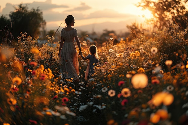 Mamma e figlia camminano insieme in un bellissimo campo di fiori al tramonto in bei vestiti