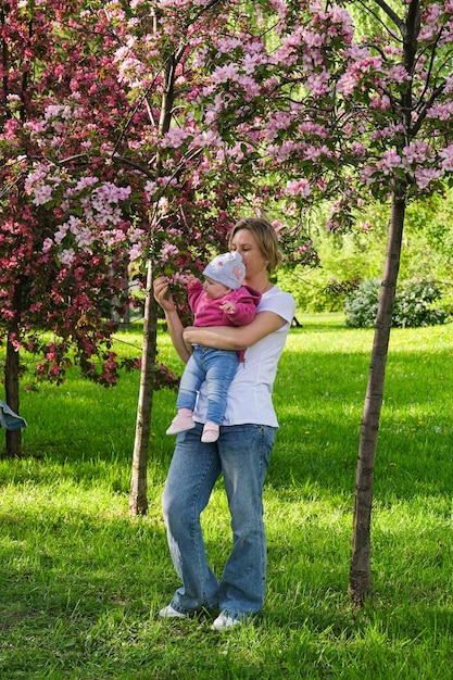 Mamma e figlia camminano per la città.