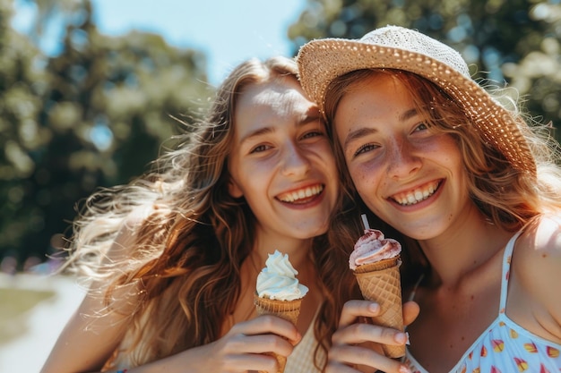 Mamma e figlia felici si godono il gelato nel parco