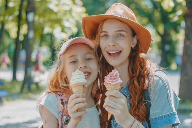 Mamma e figlia felici si godono il gelato nel parco