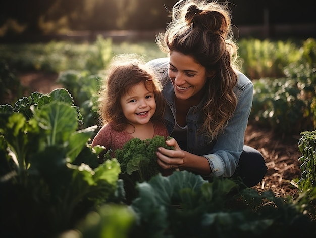 Mamma e figlia Piccola ragazza sceglie le verdure nel giardino Famiglia fattoria biologica giardinaggio raccolta generativa ai