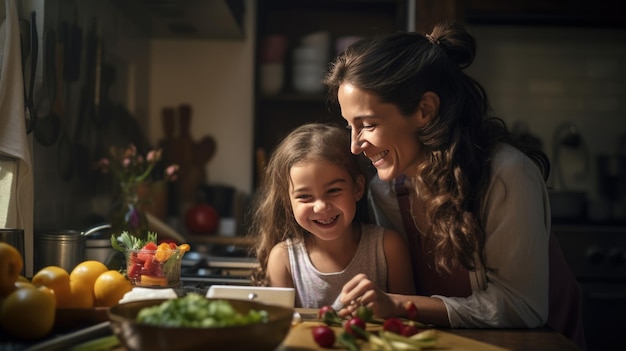 Mamma e figlia stanno cucinando in cucina.