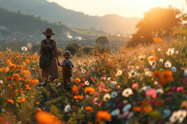 Mamma e figlio camminano insieme in un bellissimo campo di fiori al tramonto in bellissimi abiti