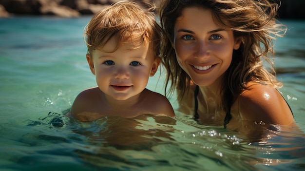 mamma e il suo piccolo figlio che nuotano insieme in turchese