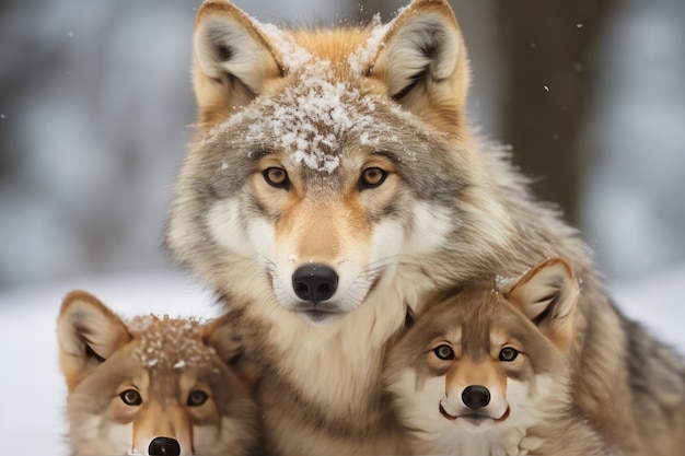 Mamma lupa e cuccioli di lupo nella neve invernale AI generativa