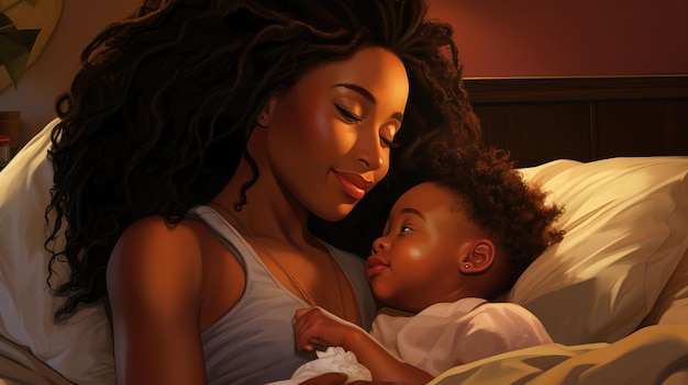 Mamma nera che gioca a letto con il suo neonato che bacia il bambino
