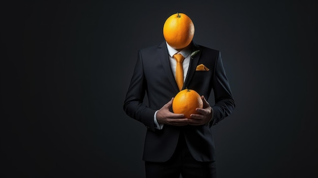 Man Fruit Orange che indossa un abito sullo sfondo color pastello