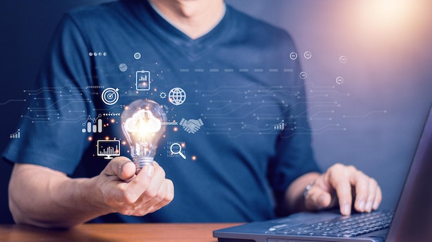 Man Hand holding Light bulb Global Internet connection Business global internet connection