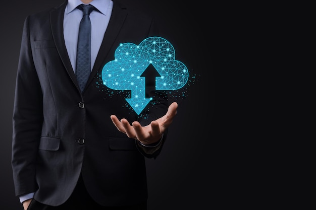 man hold cloud icon technology. polygonal wireframe cloud storage sign with two arrows up and down. cloud computing, big data center, future infrastructure, digital ai concept. virtual hosting symbol