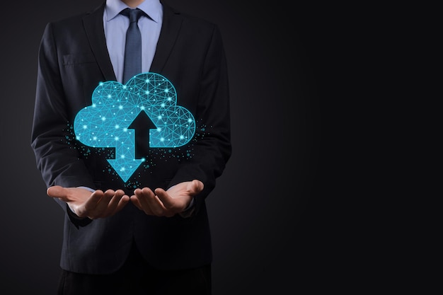 man hold cloud icon technology polygonal wireframe cloud storage sign with two arrows up and down cloud computing big data center future infrastructure digital ai concept virtual hosting symbol