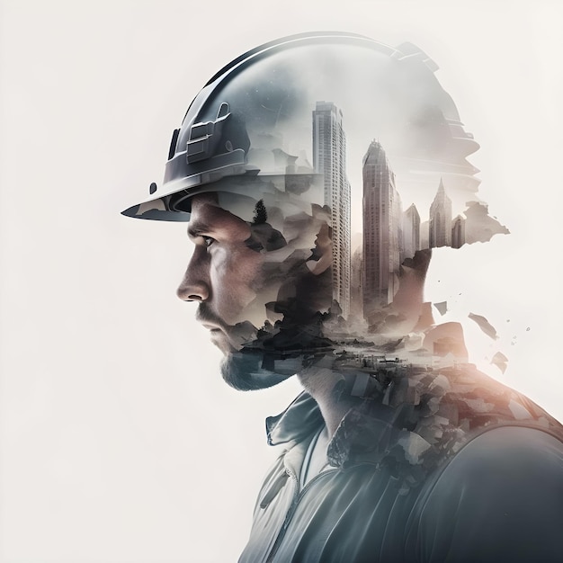 Man in Helmet City Worker Generative AI Tema industriale Edilizia e costruzione Effetto doppia esposizione