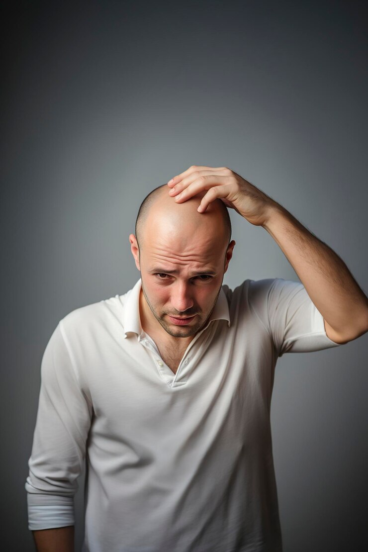 man observing his baldness with concern