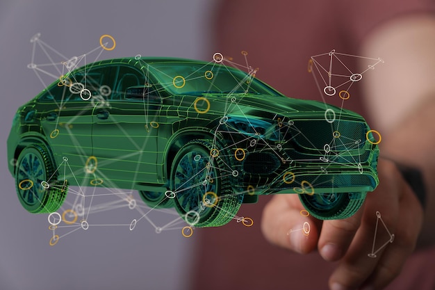 Man on blurred background touching a green holographic 3D rendered car projection