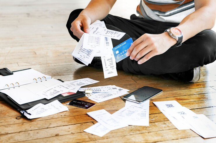 Photo man paying bills online via internet banking