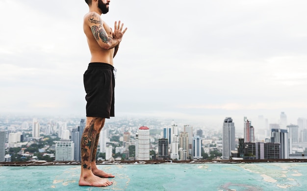 Man Practice Yoga Rooftop Concept