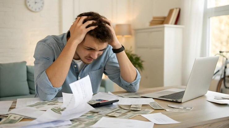Man struggling with finances and bills at home