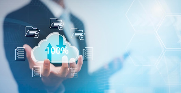 Man touching connect to data information on the Cloud Computing Technology Internet Storage Network Concept And a large database big data Through internet technology Cloud sharing download and upload