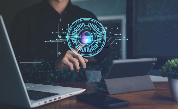 Man touching security scanning of digital programs via smartphone tablet notebook Laptop Surveillance of Personal database with Digital processing of biometric identification fingerprint scanner