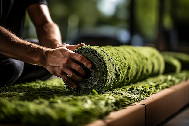 Man39s Hands Unrolling Artificial Turf Roll AI