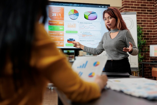 Manager asiatico che discute le statistiche di gestione con una donna imprenditrice durante la riunione di lavoro nell'ufficio di avvio. Imprenditrici che lavorano al progetto di marketing di pianificazione della strategia aziendale