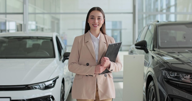 manager at a car dealership in a business suit holding clipboard documents in her hands stands