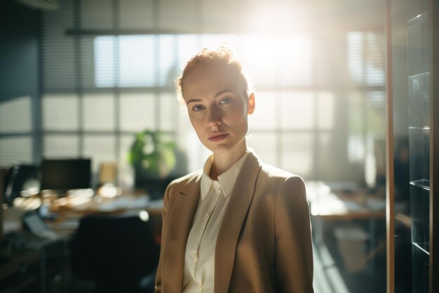 Manager calva in abito beige lavora in ufficio donna d'affari tendenze della moda
