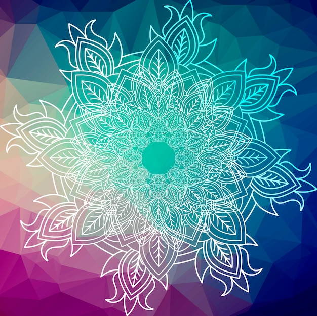 Mandala di fiori. Elementi decorativi d'epoca. Motivo orientale, su sfondo low poly. Motivi islamici, arabi, indiani, marocchini, spagnoli, turchi, pakistani, cinesi, mistici, ottomani. Pagina del libro colorato