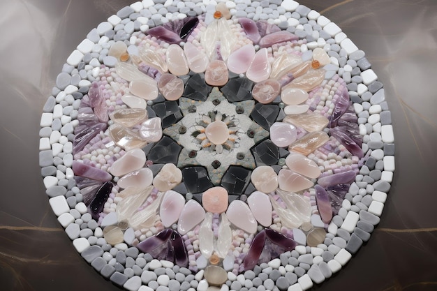 Mandala realizzato con cristalli e pietre in un ambiente moderno e minimalista