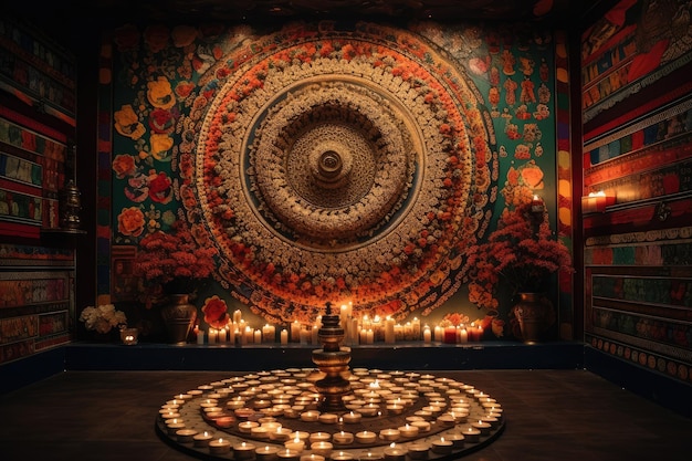 Mandala sul muro del tempio circondato da candele e incenso