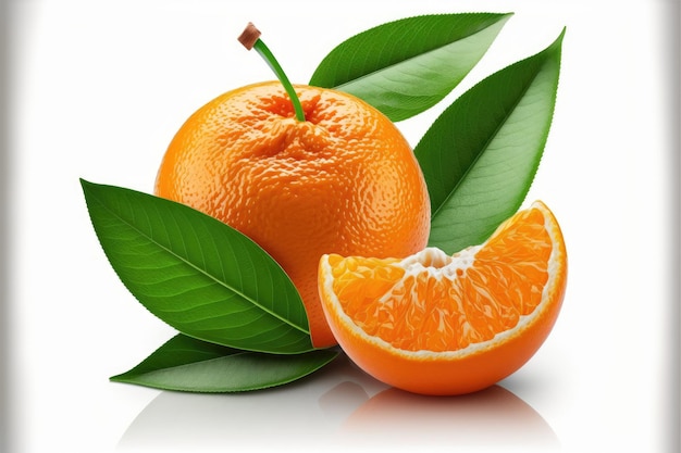 Mandarini alimentari vegetariani isolati su sfondo bianco con fetta tagliata