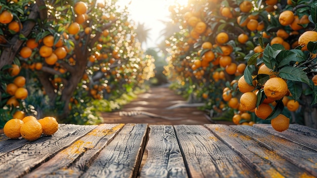 Mandarini freschi su un tavolo di legno in un frutteto di arance